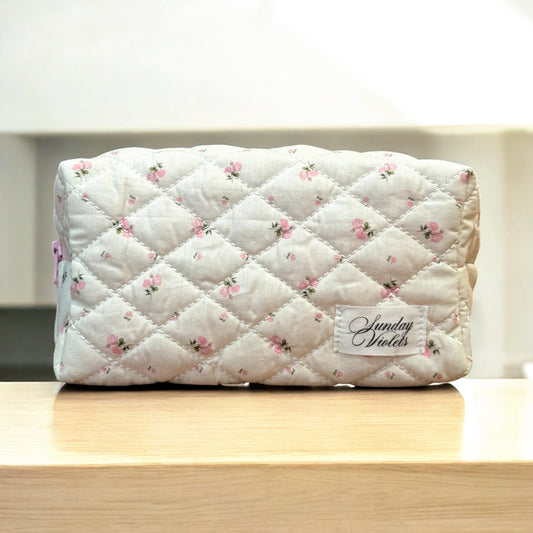 Cute White Floral Pink Rose Make Up Bag
